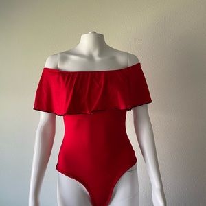 Rue 21 Marci Bright Red Cold Shoulder Ruffle Bodysuit 
Size S
